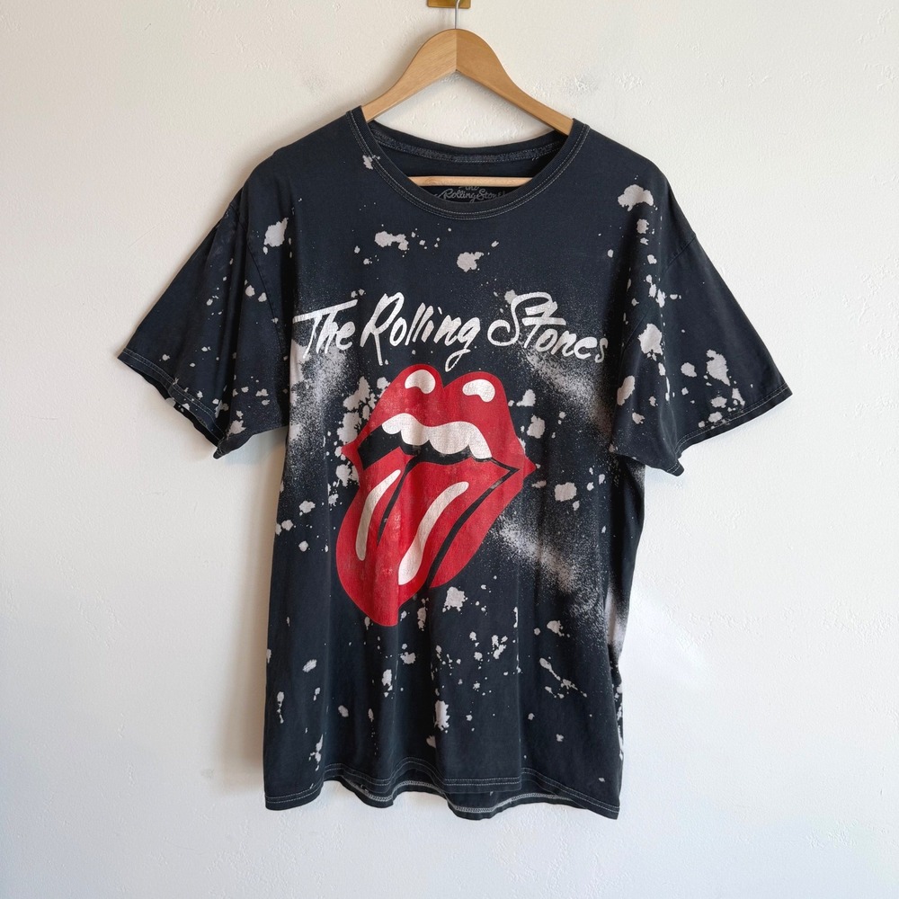 The Rolling Stones Graphic Shirt Black Bleach Splatter Tongue Logo Band Tee L